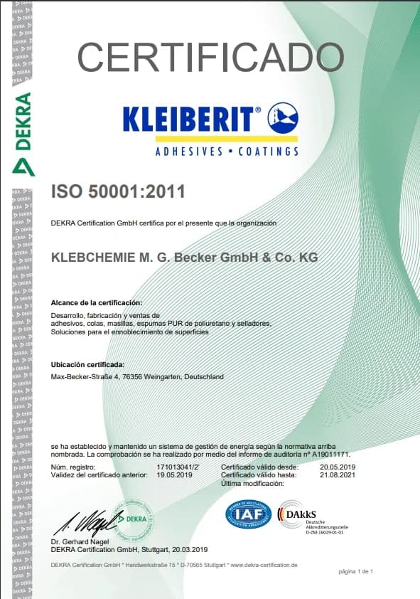 Certificado de distribución oficial Kleiberit — IEM Adhesivos